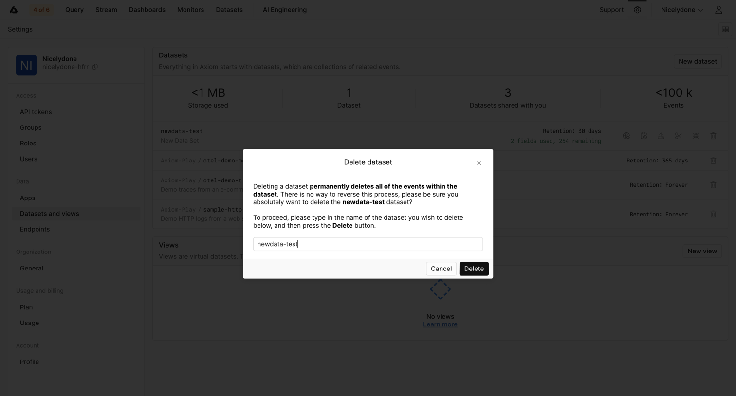 Axiom - Datasets and Views - Settings - Axiom screen