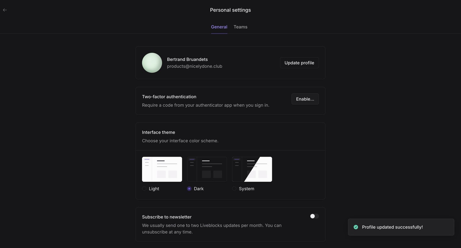 Liveblocks - Personal settings | Liveblocks screen