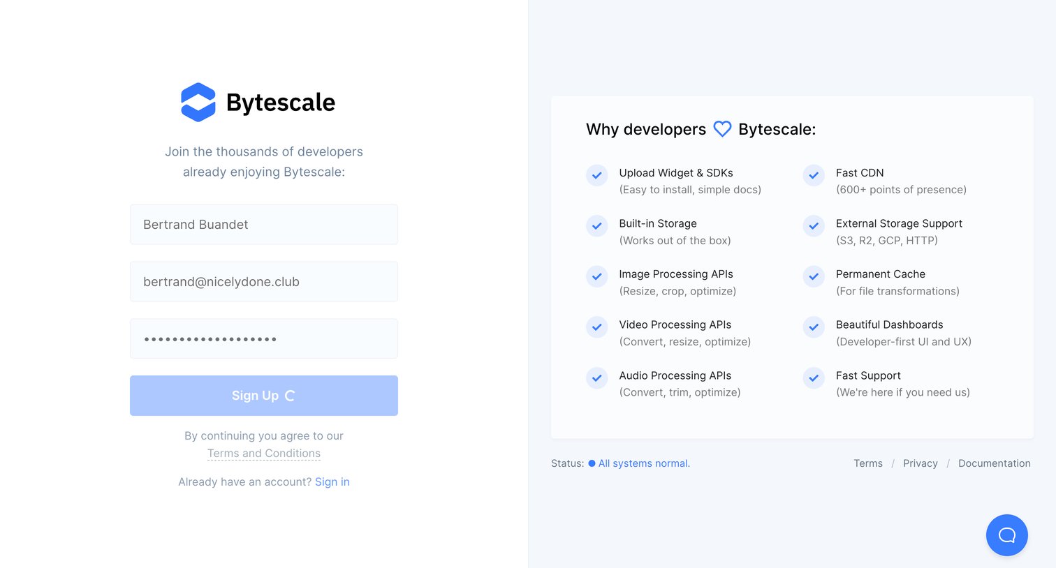 Bytescale - Create Account | Bytescale screen