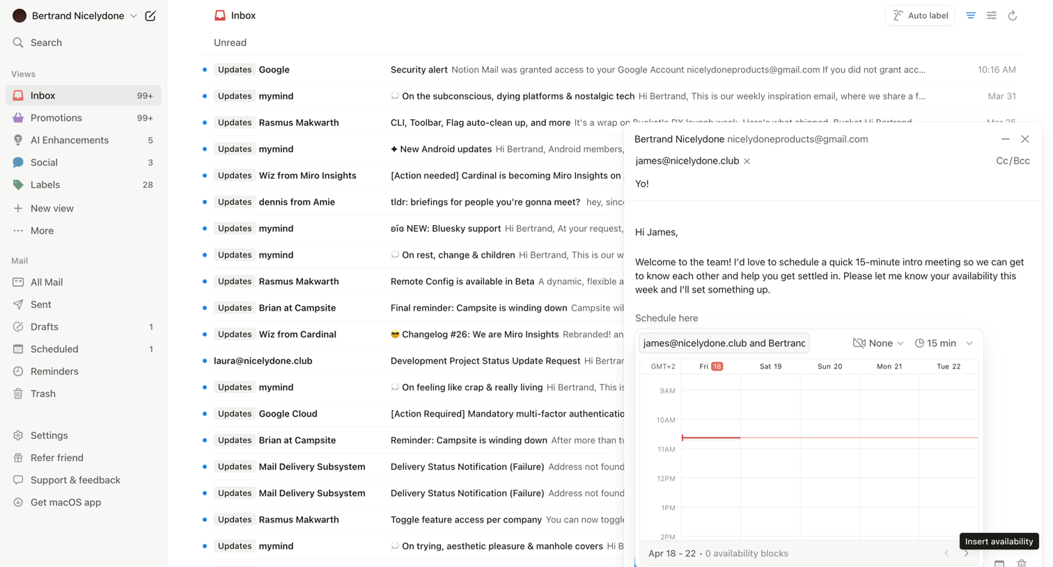 Notion Mail - 99+ • Inbox • nicelydoneproducts@gmail.com • Notion Mail screen