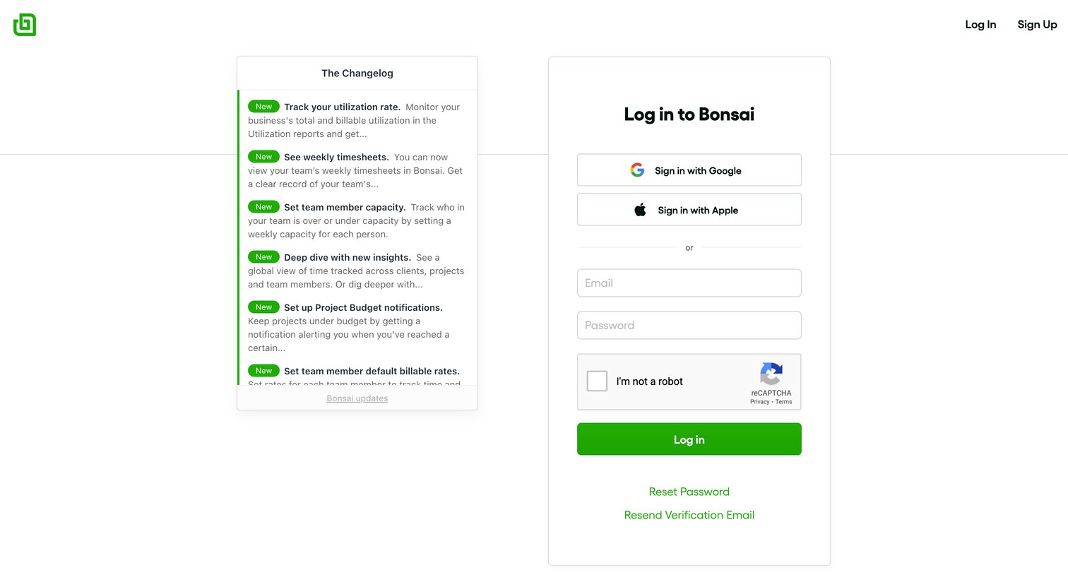 Bonsai - Log In - Bonsai screen