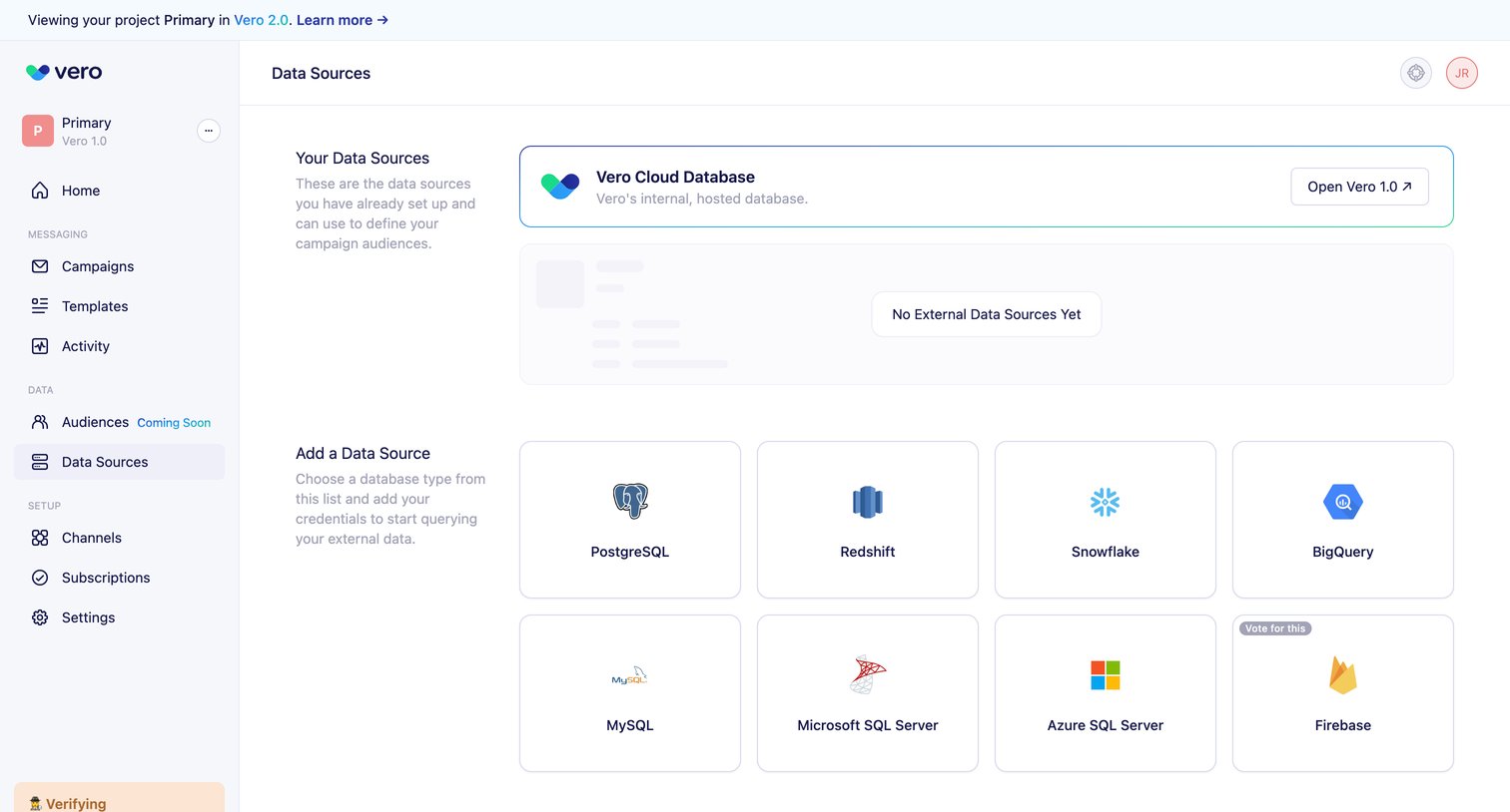 Vero - Data Sources screen