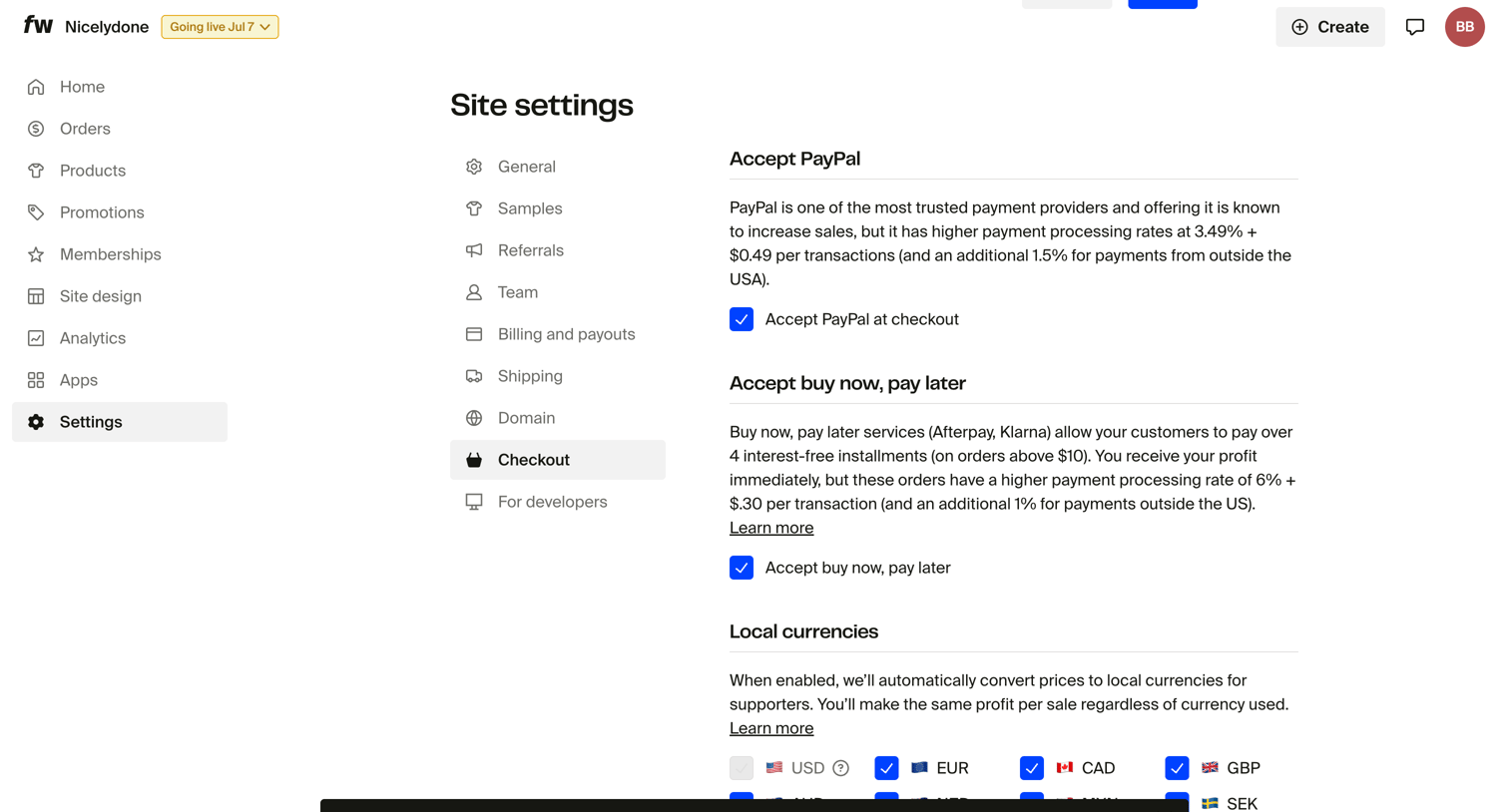 Fourthwall - Checkout – Settings – Dashboard screen