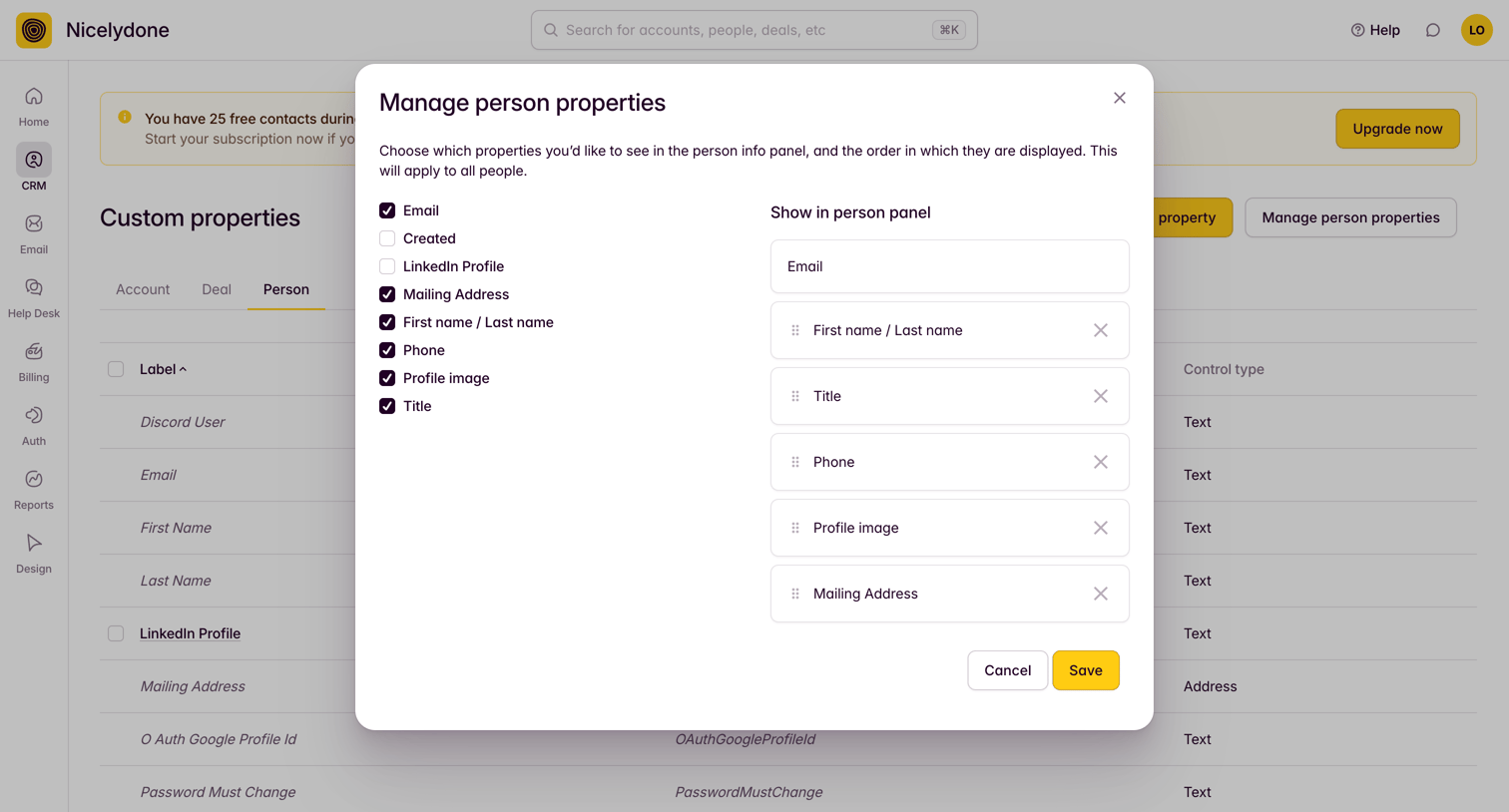 Outseta - Custom Properties screen