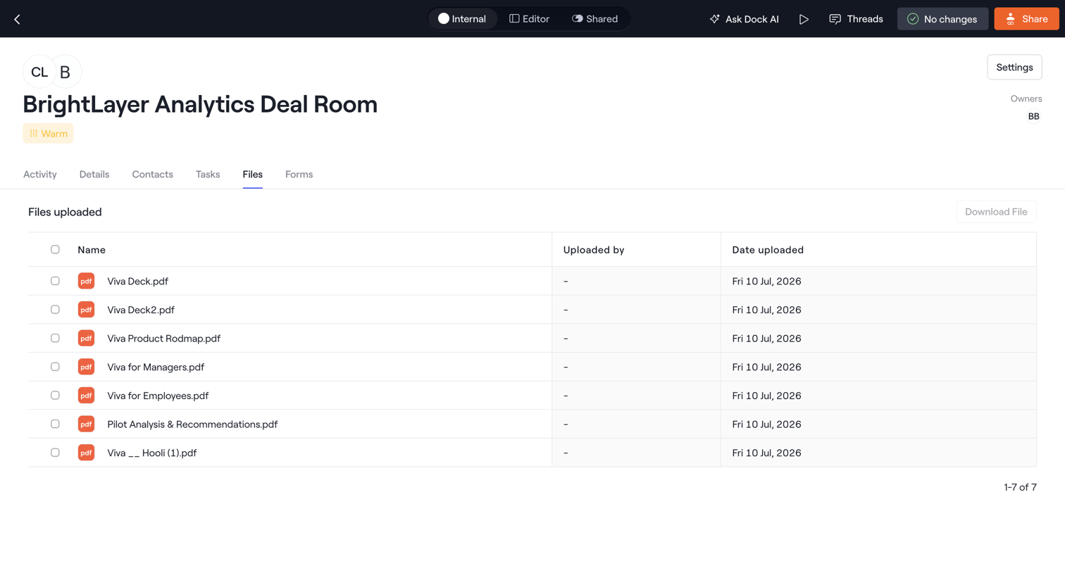 Dock - Internal · BrightLayer Analytics Deal Room screen