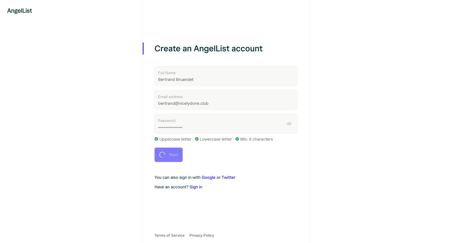 Angellist - Sign Up | AngelList screen