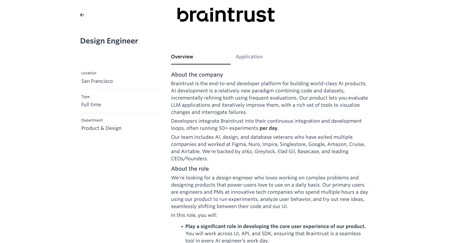 Braintrust - Design Engineer @ Braintrust screen