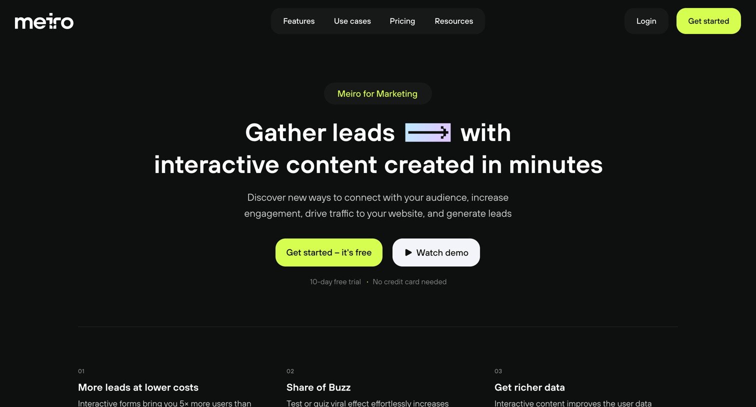 Meiro - Meiro for Marketing · Gather leads with interactive content creat screen