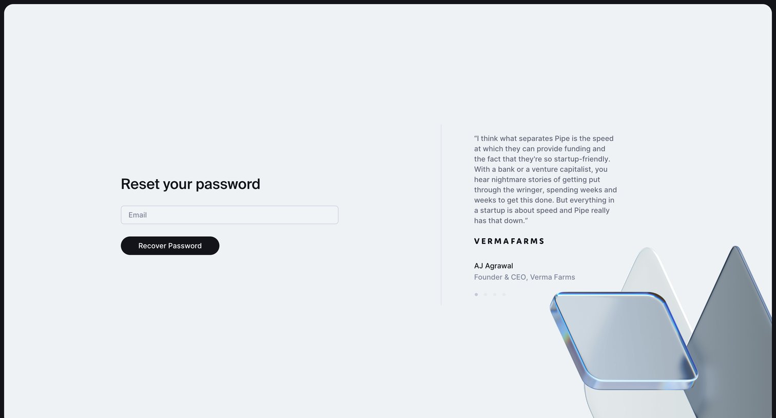 Pipe - Request Password Reset | Pipe screen