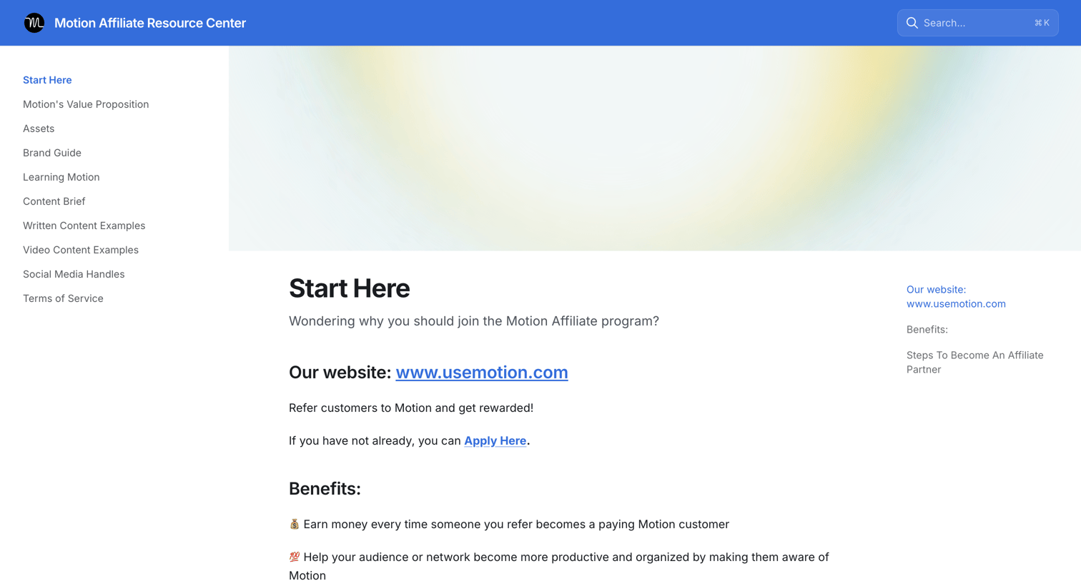 Motion - Start Here | Motion Affiliate Resource Center screen
