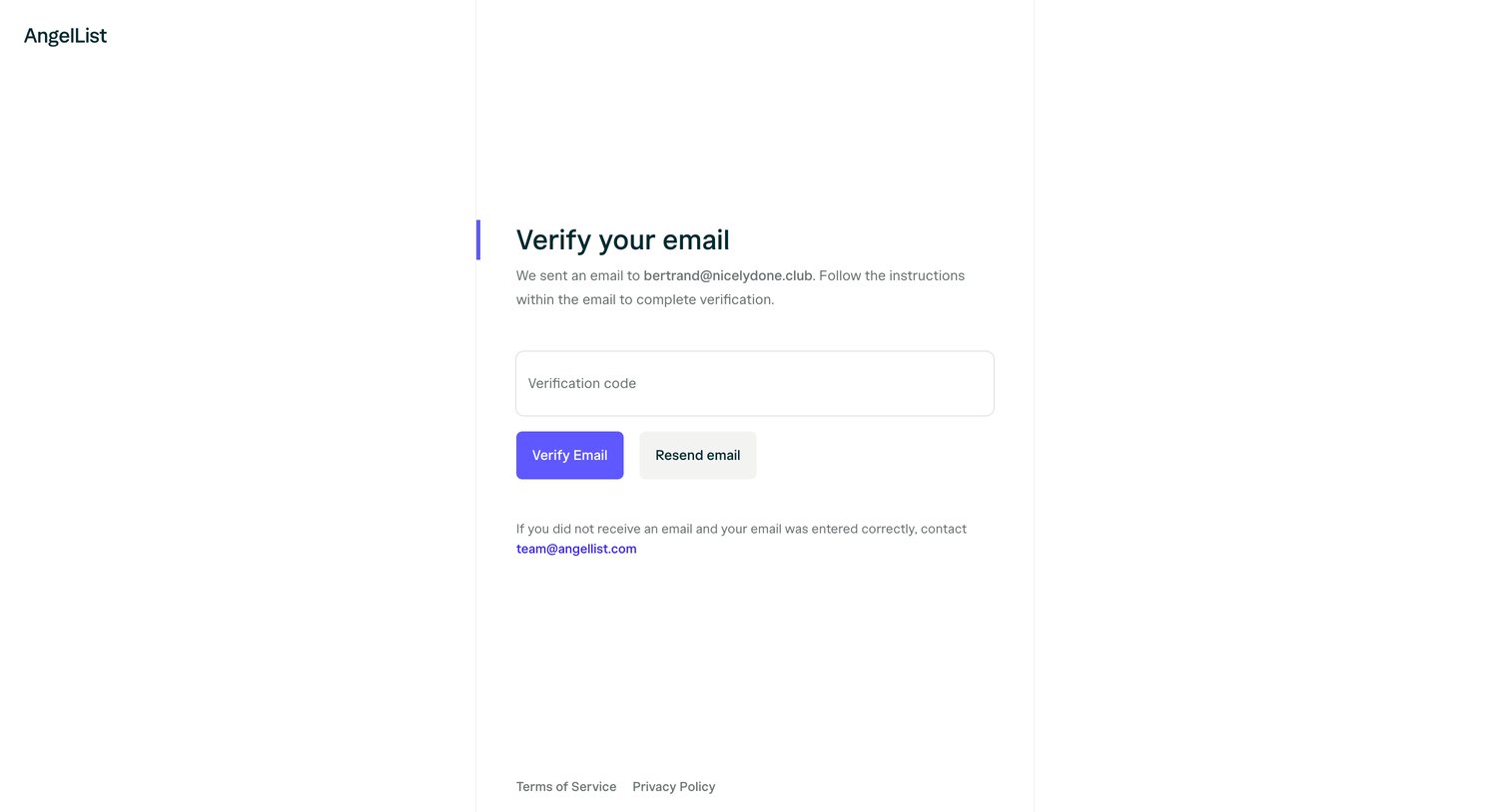 Angellist - Email Verification | AngelList screen