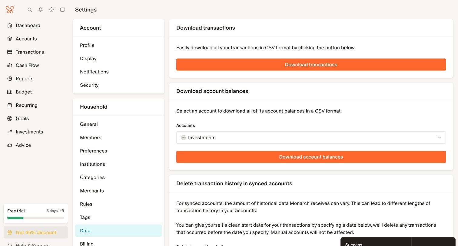 Monarch - Delete transaction history in synced accounts screen