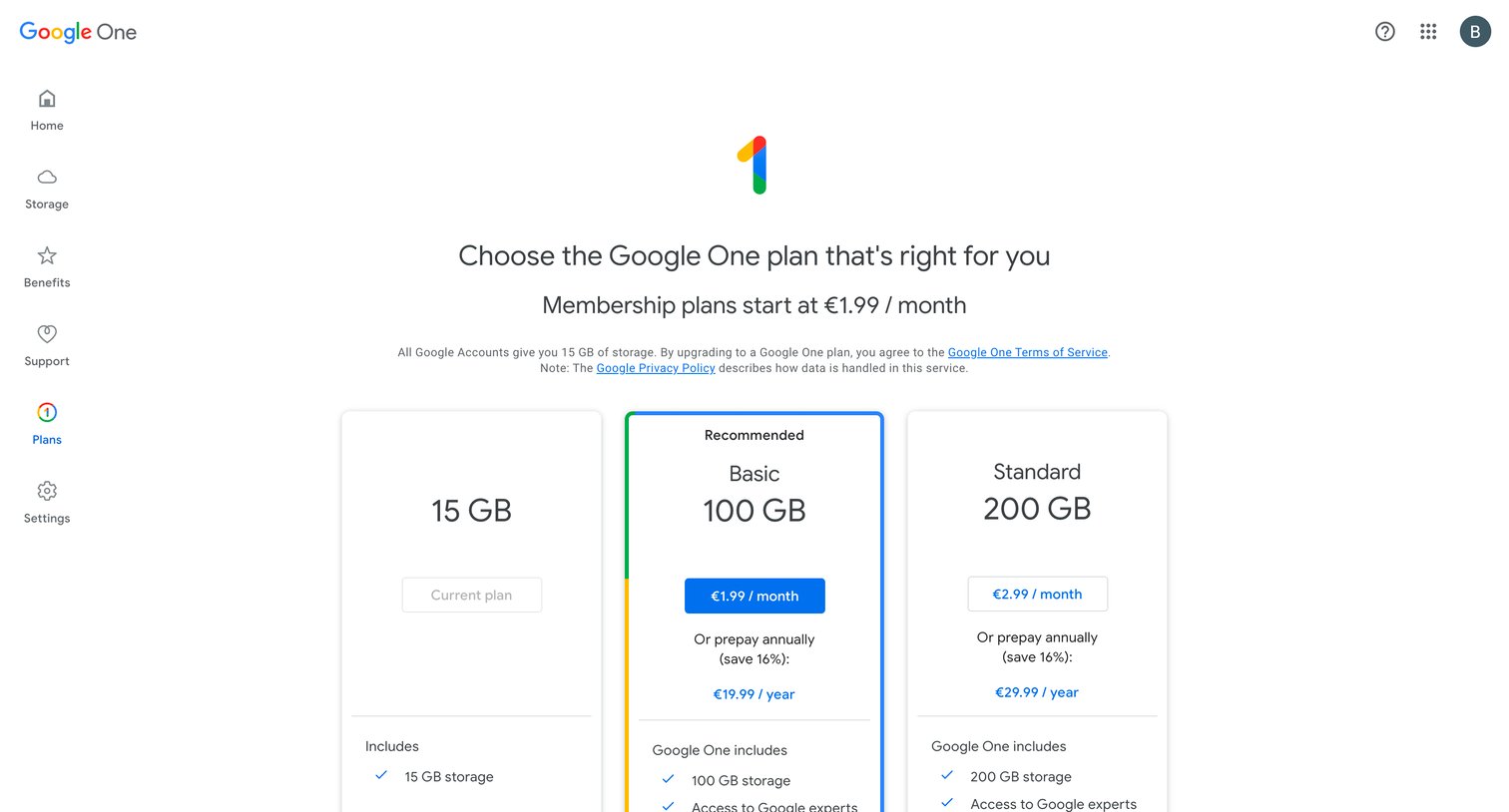 Google One - Google One Plans screen