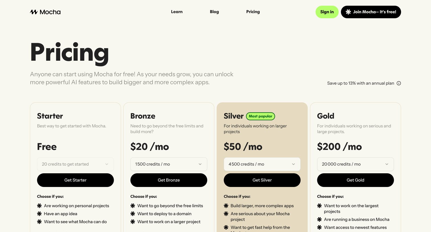Mocha - Mocha Pricing Affordable AI App Building Plans screen