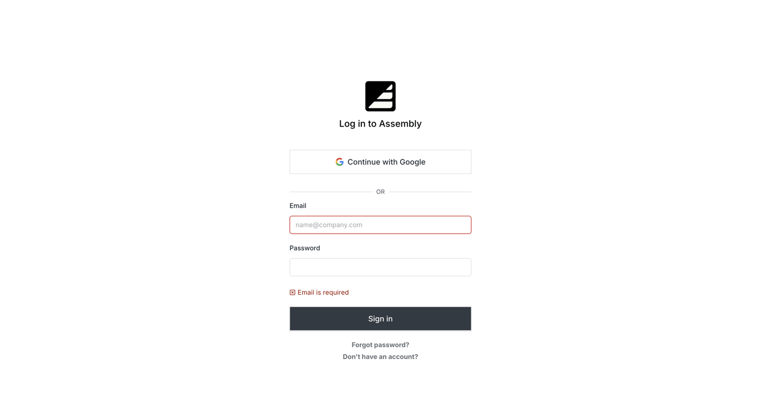 Assembly AI App Builder - Assembly Login | Sign in to the Assembly Dashboard screen