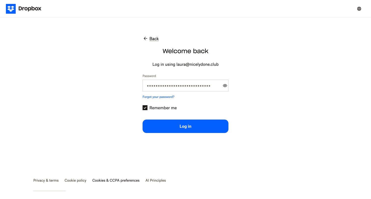 Dropbox - Login - Dropbox screen