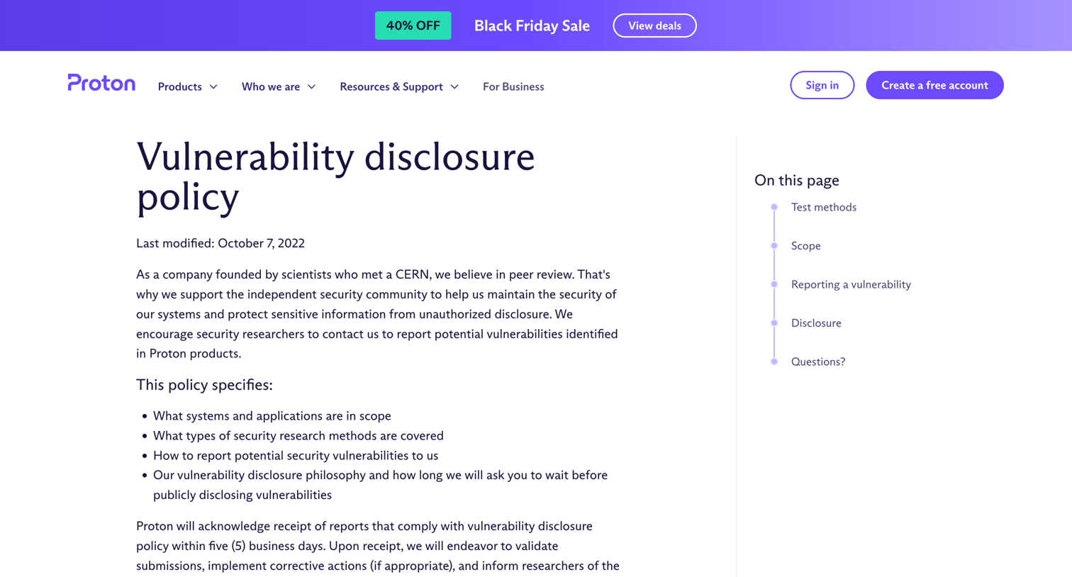 Proton - Vulnerability disclosure policy screen