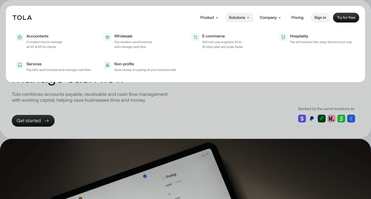 Tola - Tola - Accounts payable, accounts receivable and cash flow manage screen