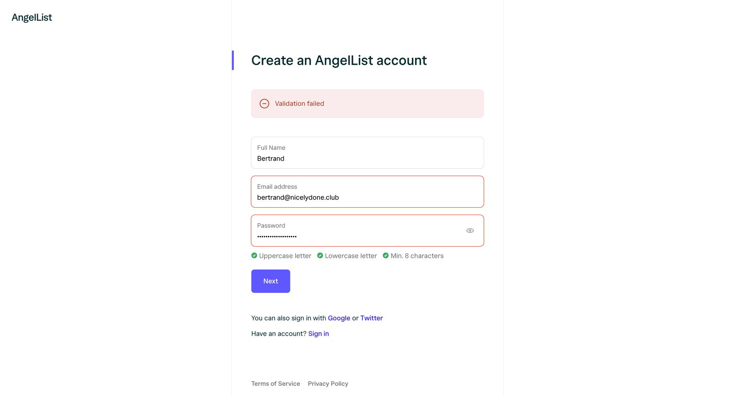 Angellist - Sign Up | AngelList screen