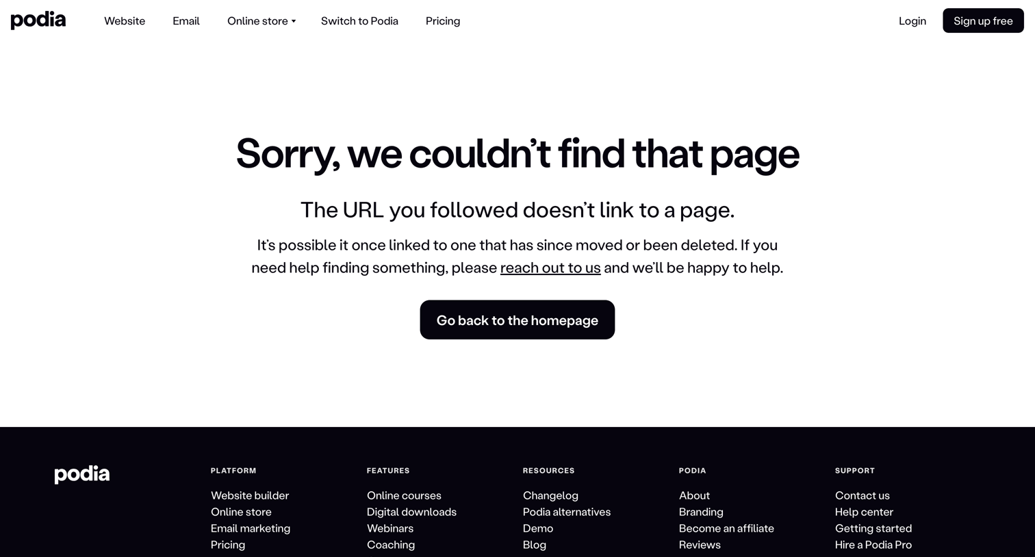 Podia - Oops, we couldnt find that page | Podia screen