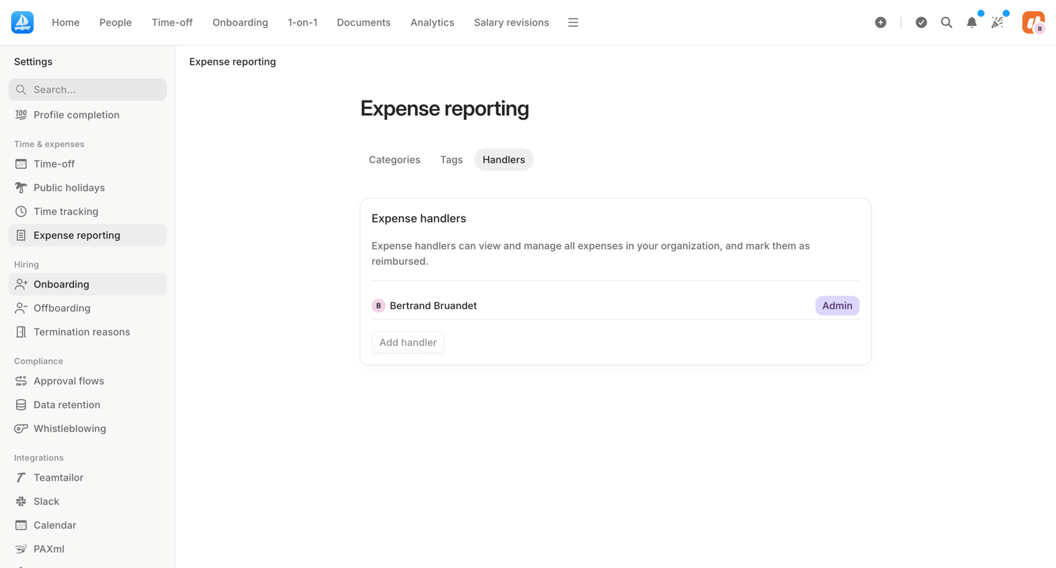 Aboard - Expense handlers | Settings | Aboard screen