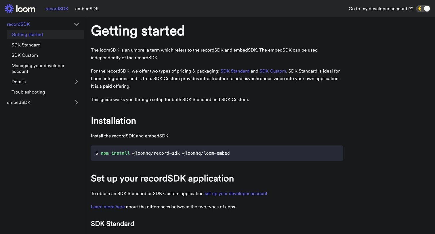 Loom - Getting started | Developers Loom screen