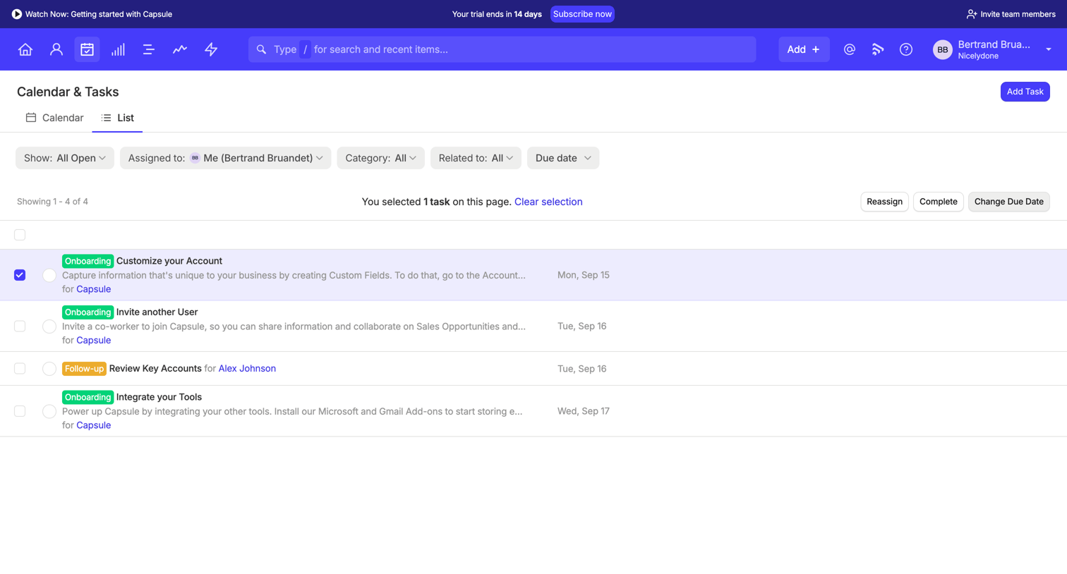 Capsule - Tasks | Nicelydone CRM screen
