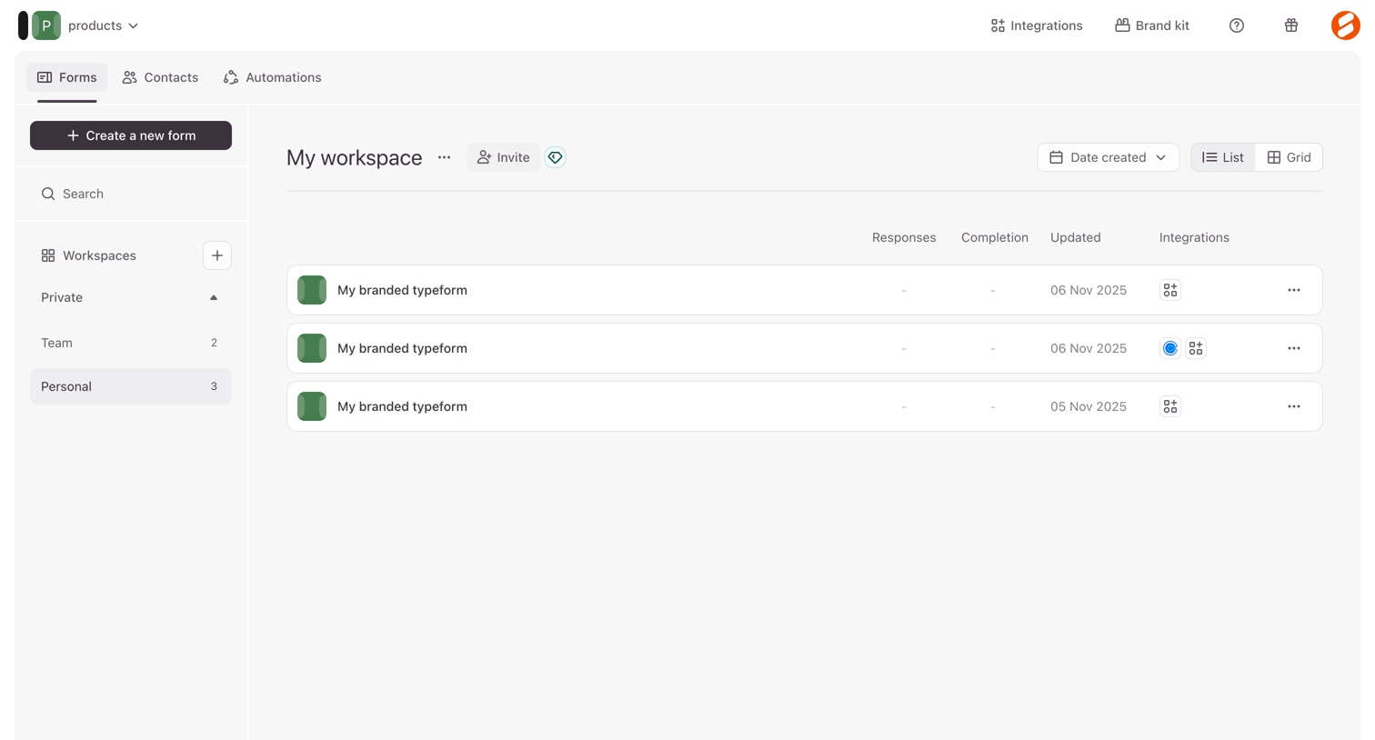 Typeform - Typeform - Workspaces screen