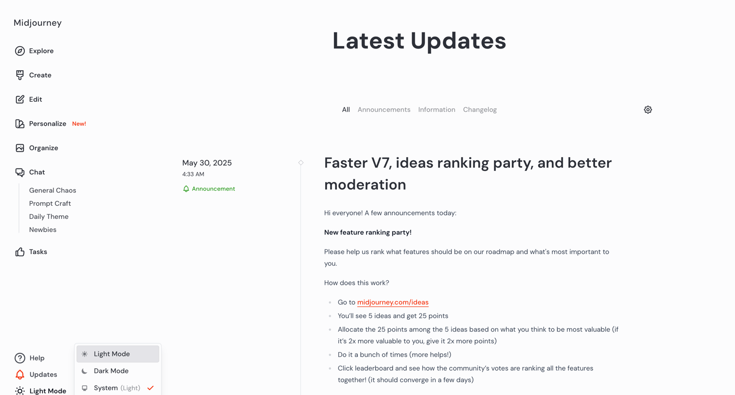 Midjourney - Updates screen
