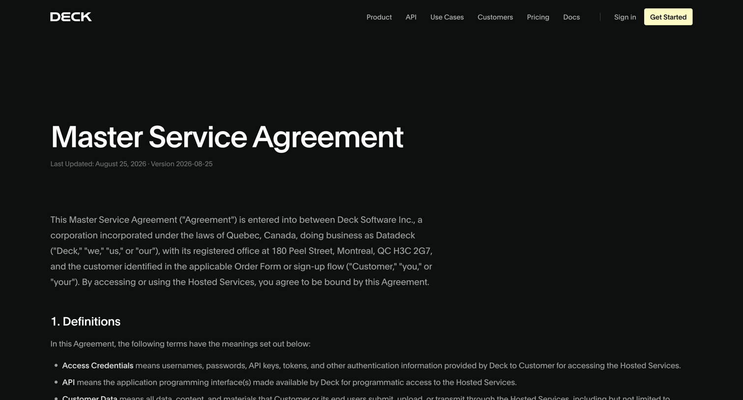 Deck — Master Service Agreement from Deck