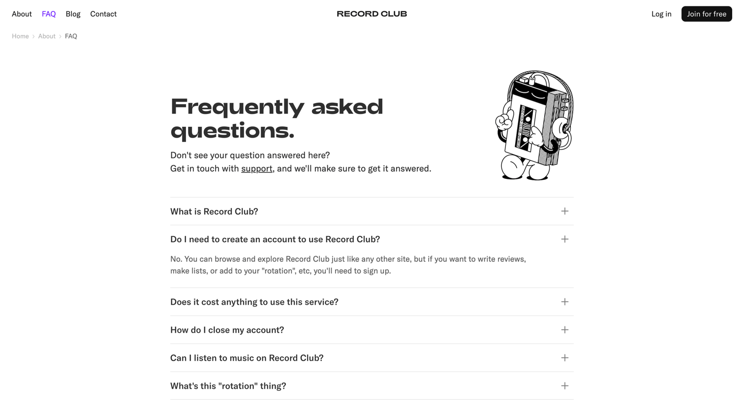 Record club - FAQ – Record Club screen