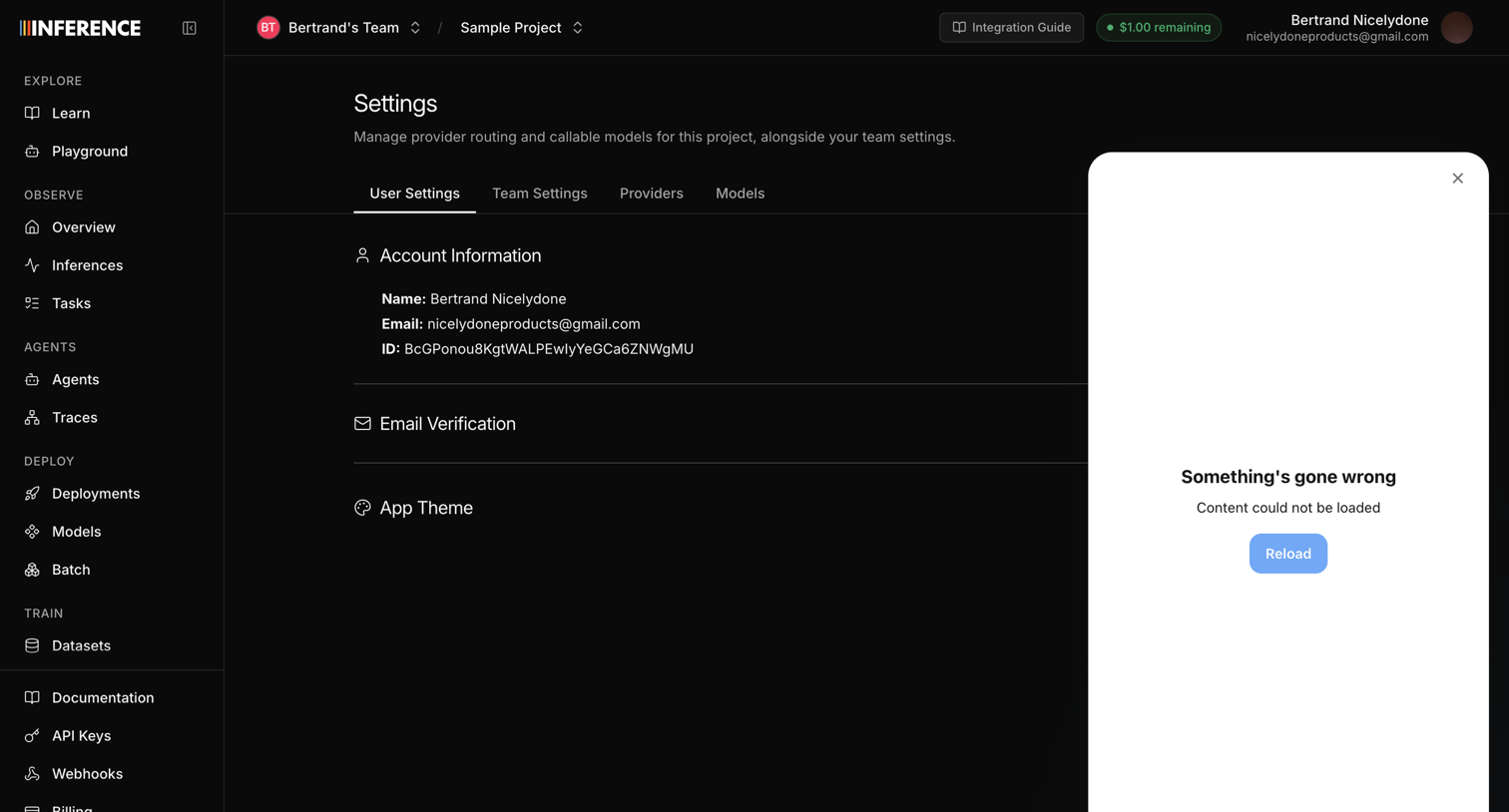 Inference - Settings | inference.net screen