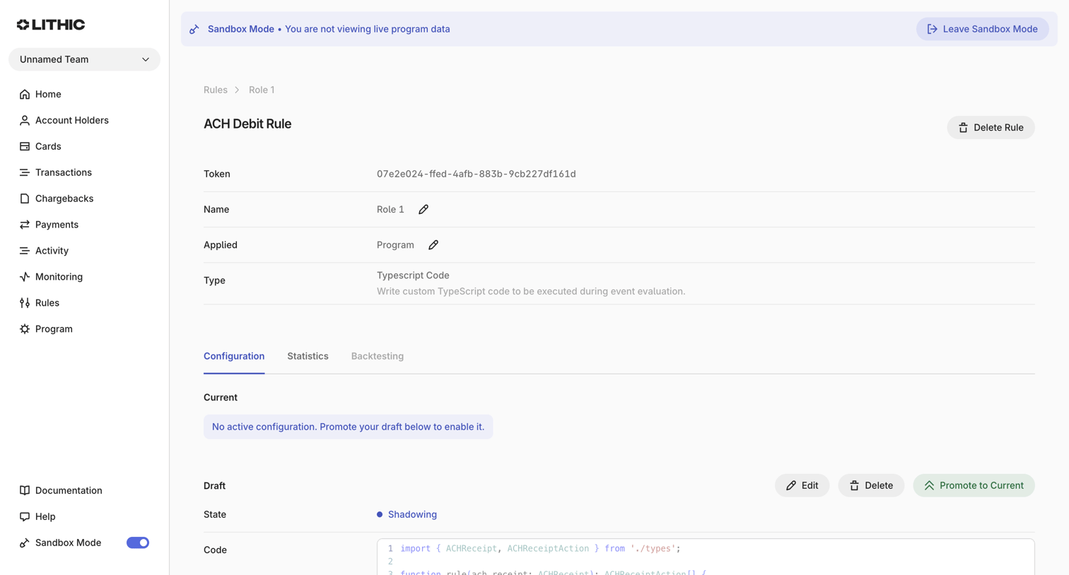 Lithic - Lithic - Create ACH Debit Rule screen