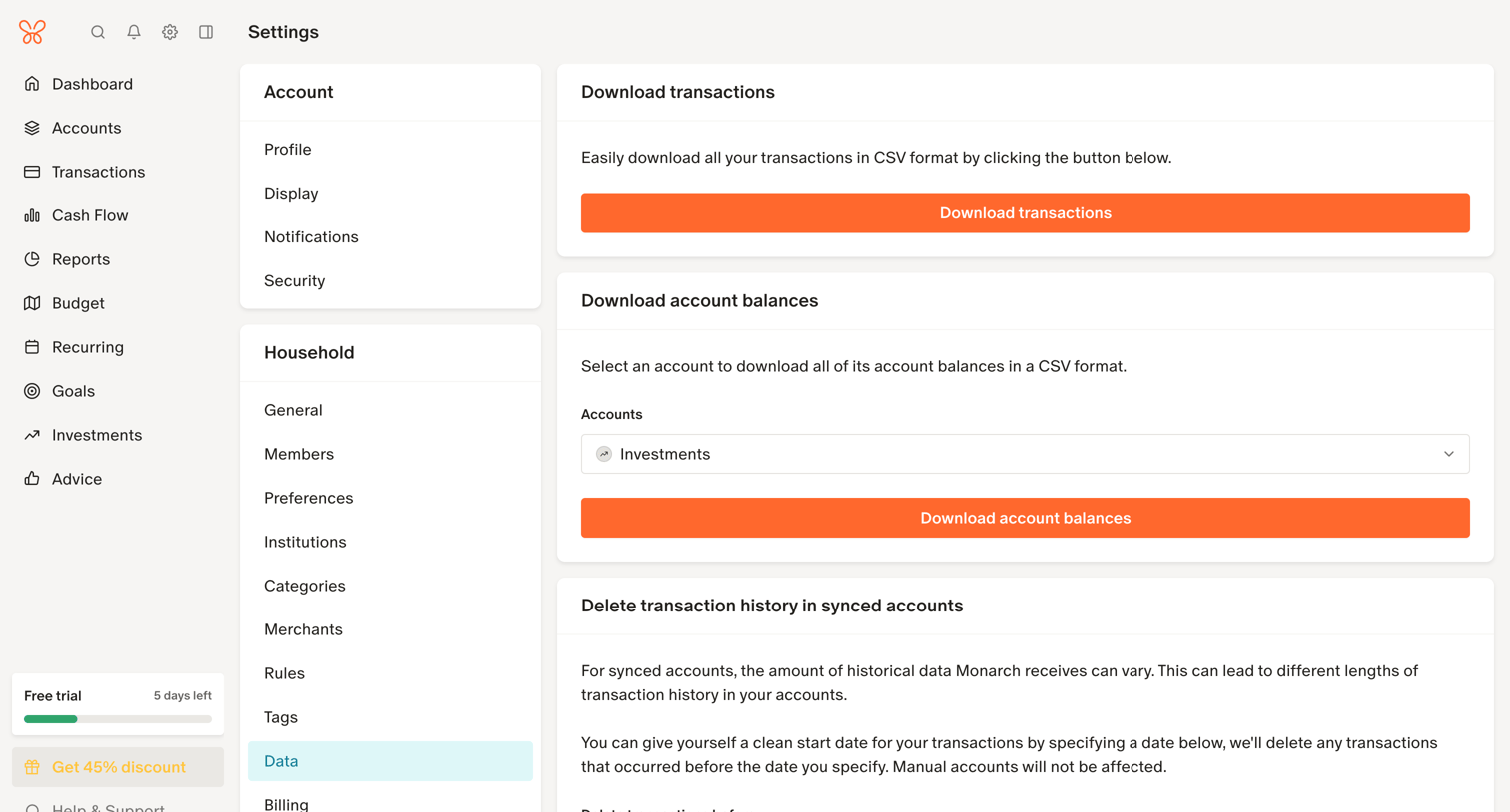 Monarch - Delete transaction history in synced accounts screen