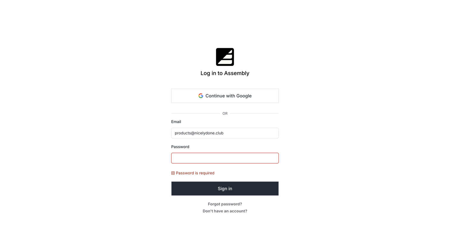 Assembly AI App Builder - Assembly Login | Sign in to the Assembly Dashboard screen