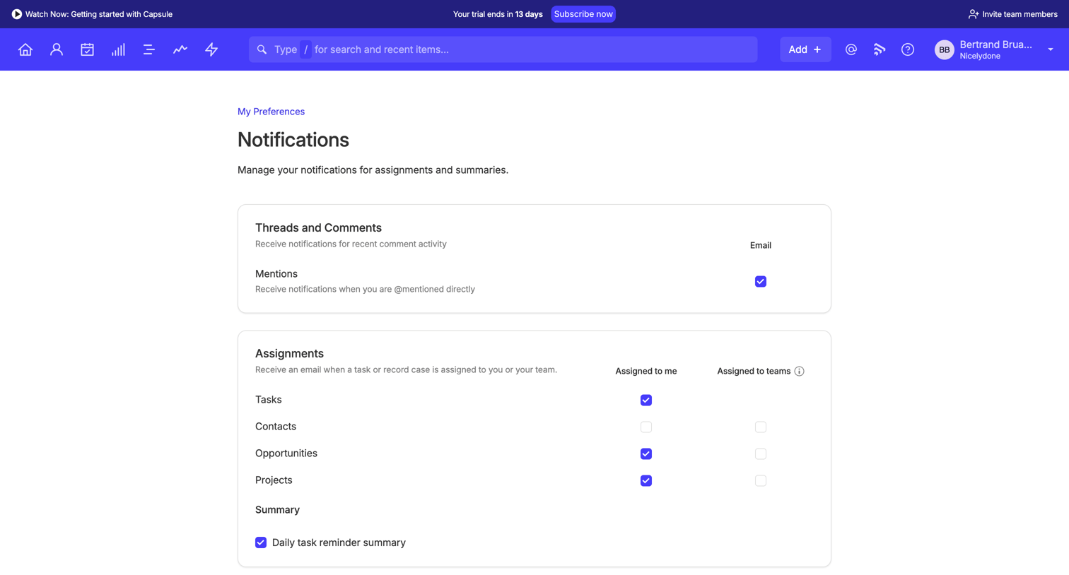 Capsule - Notifications | Nicelydone CRM screen