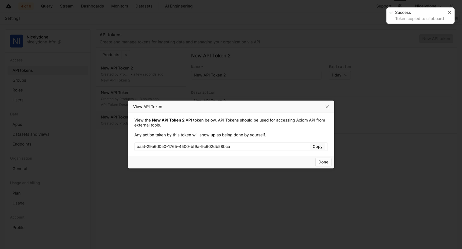 Axiom - API Tokens - Settings - Axiom screen