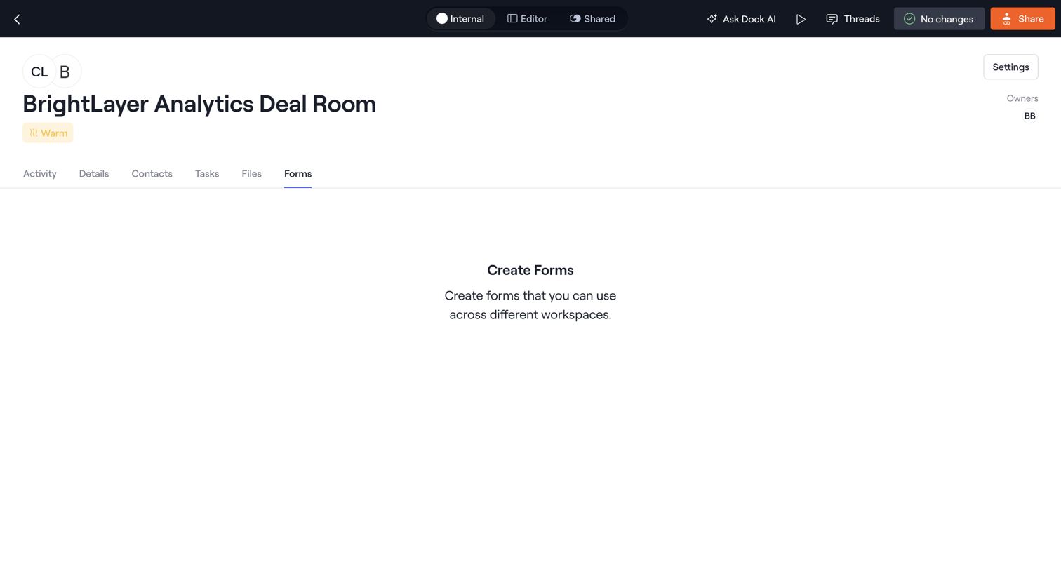 Dock - Internal · BrightLayer Analytics Deal Room screen