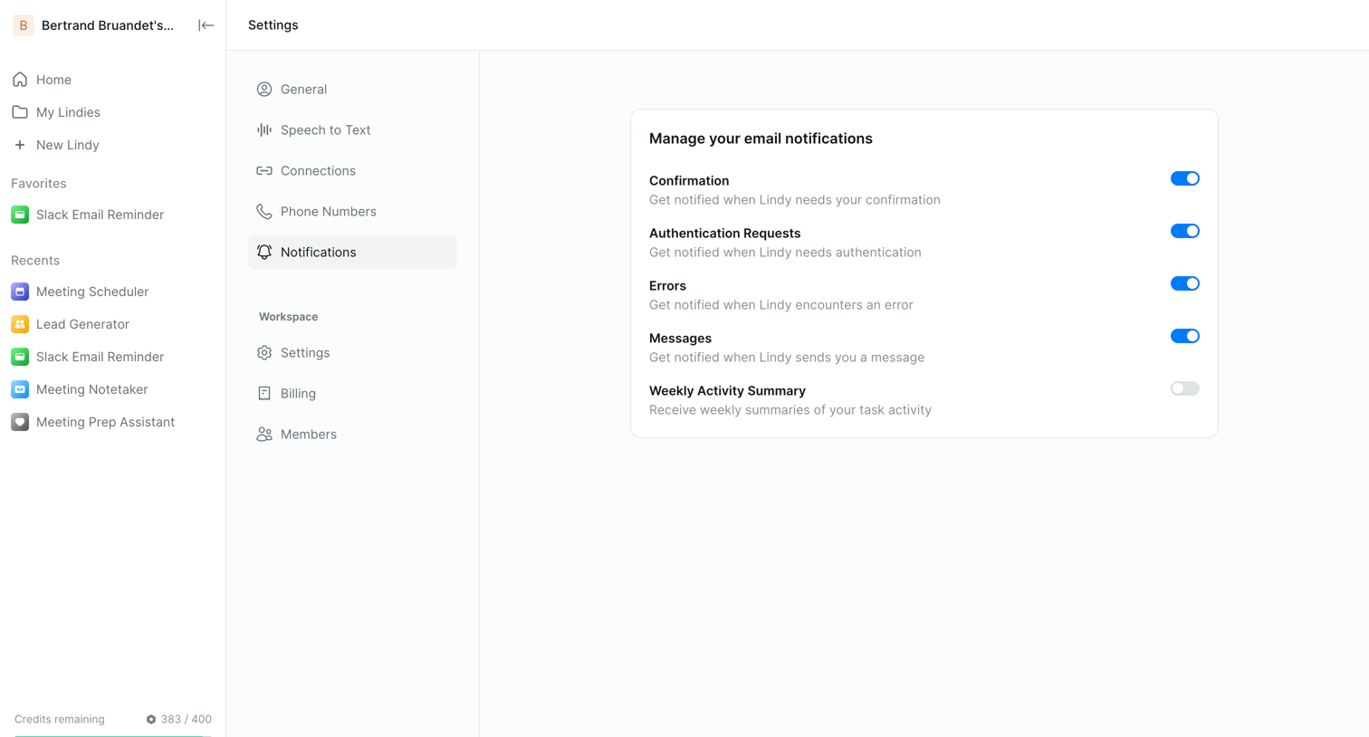 Notification Settings from Lindy
