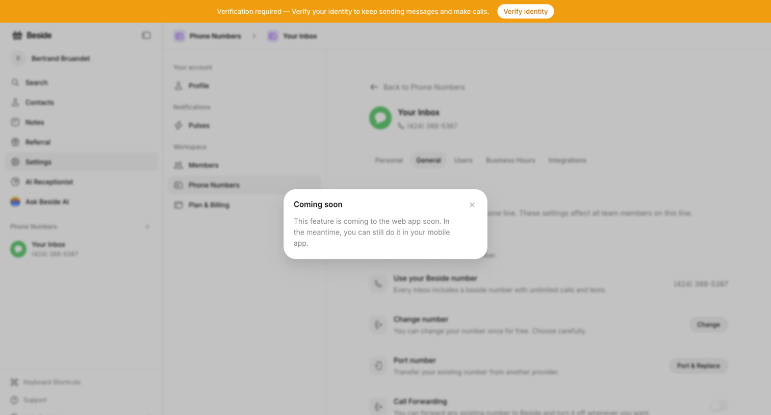 Beside - Phone Numbers - Settings - Beside screen