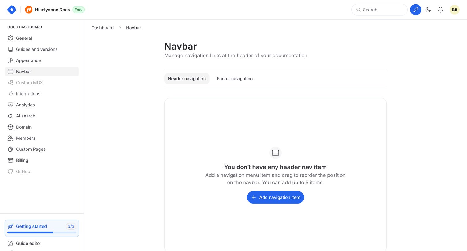 Hashnode - Docs Dashboard - Navbar screen