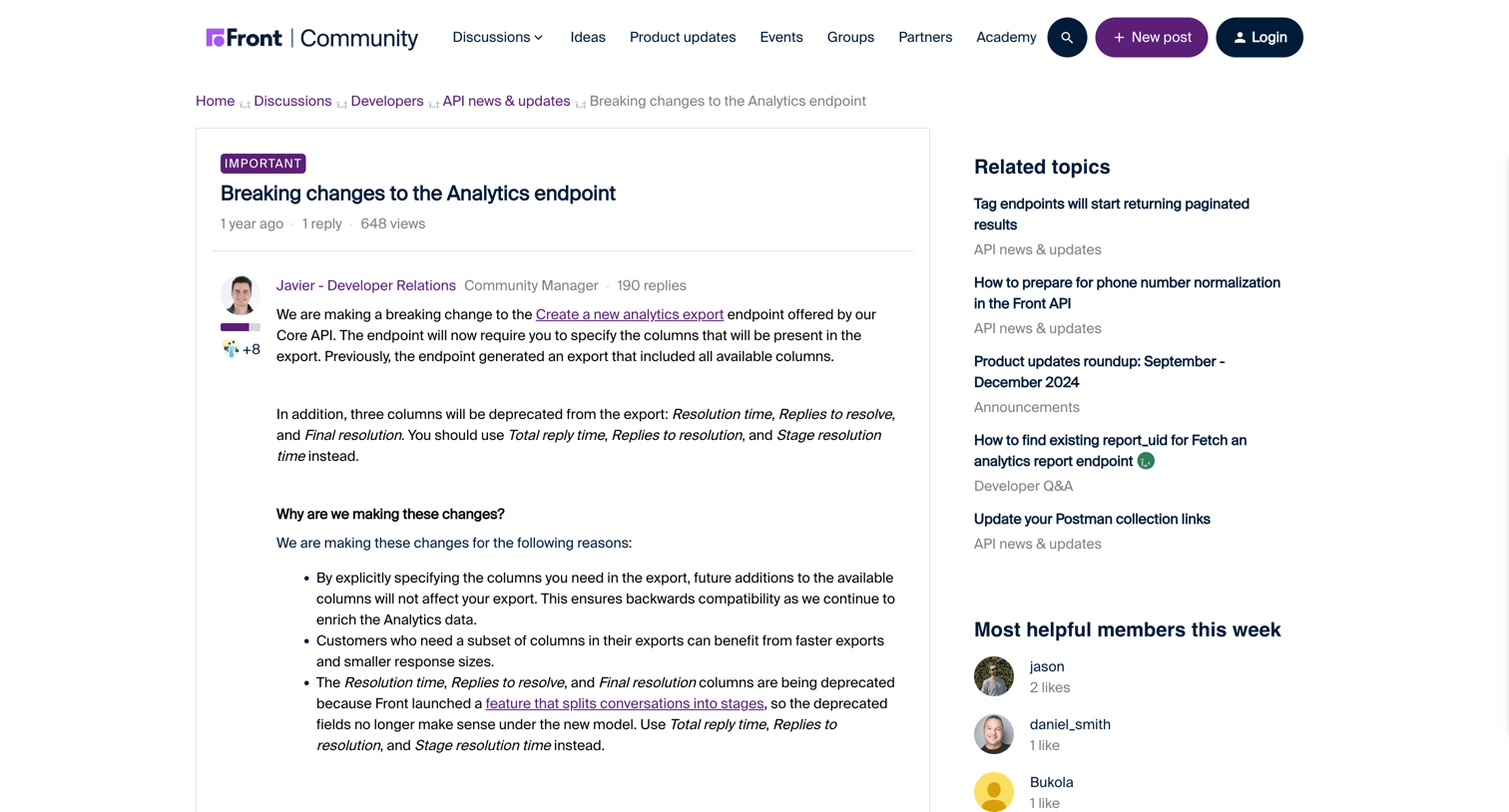 Front - Breaking changes to the Analytics endpoint | Community screen