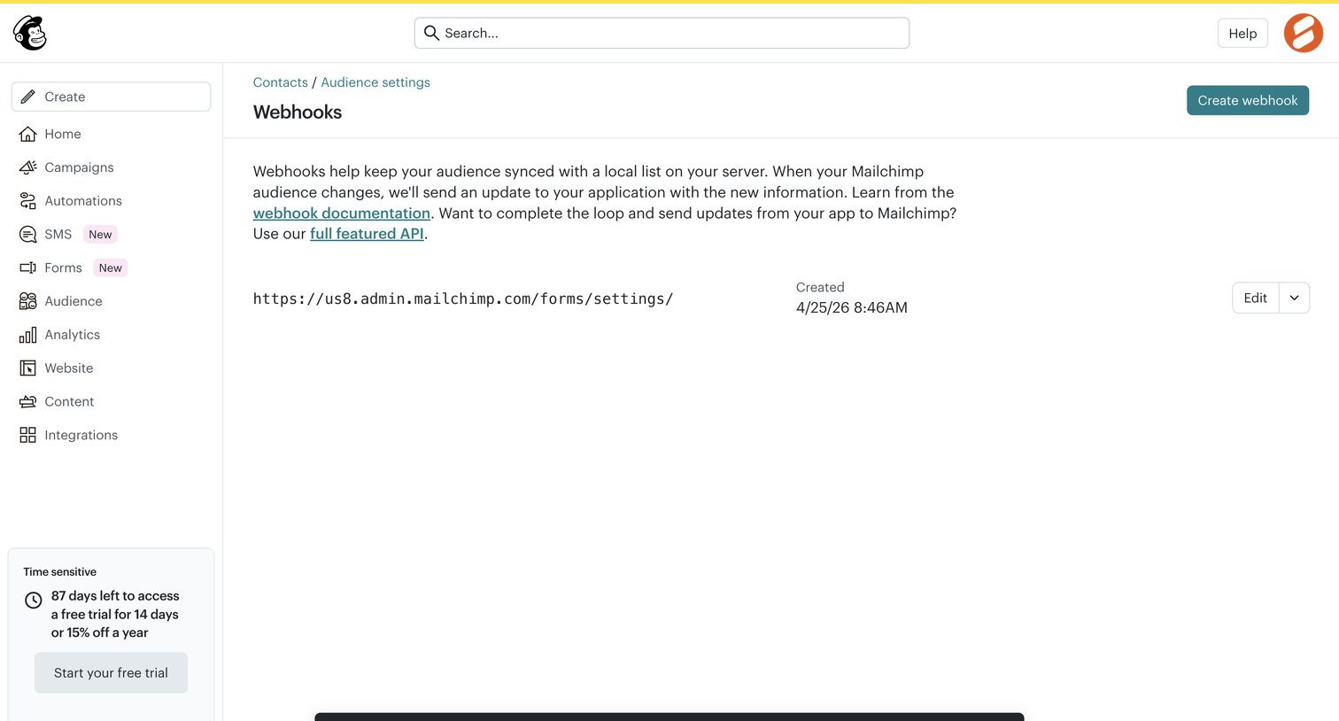 Mailchimp - Webhooks | Mailchimp screen