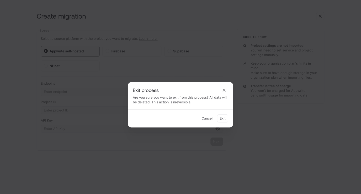 Appwrite - Webhook - Appwrite screen