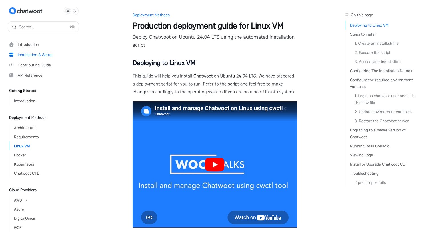 Chatwoot - Production deployment guide for Linux VM - Chatwoot Developer Docs screen