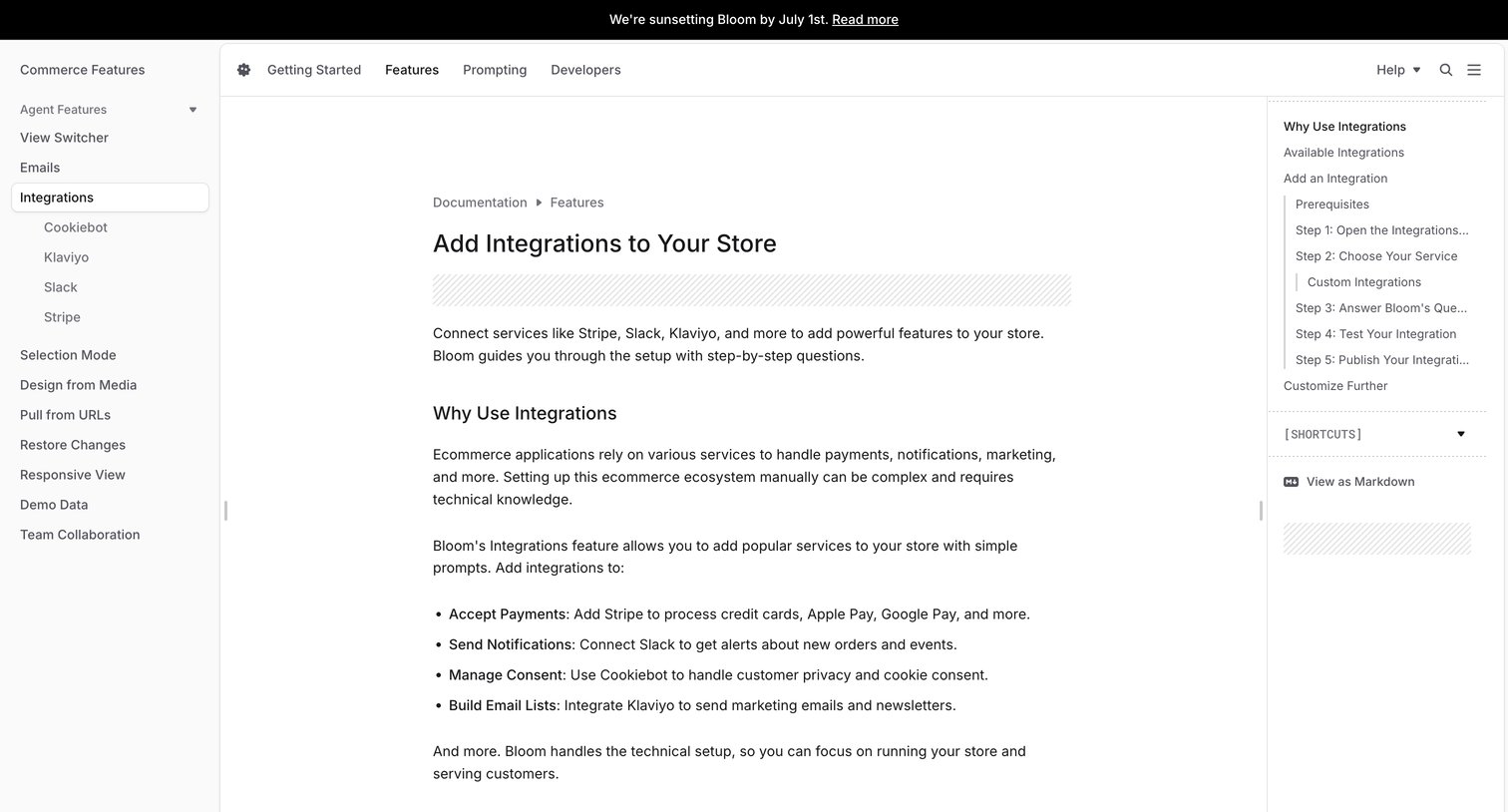 Bloom - Add Integrations to Your Store - Bloom Documentation screen