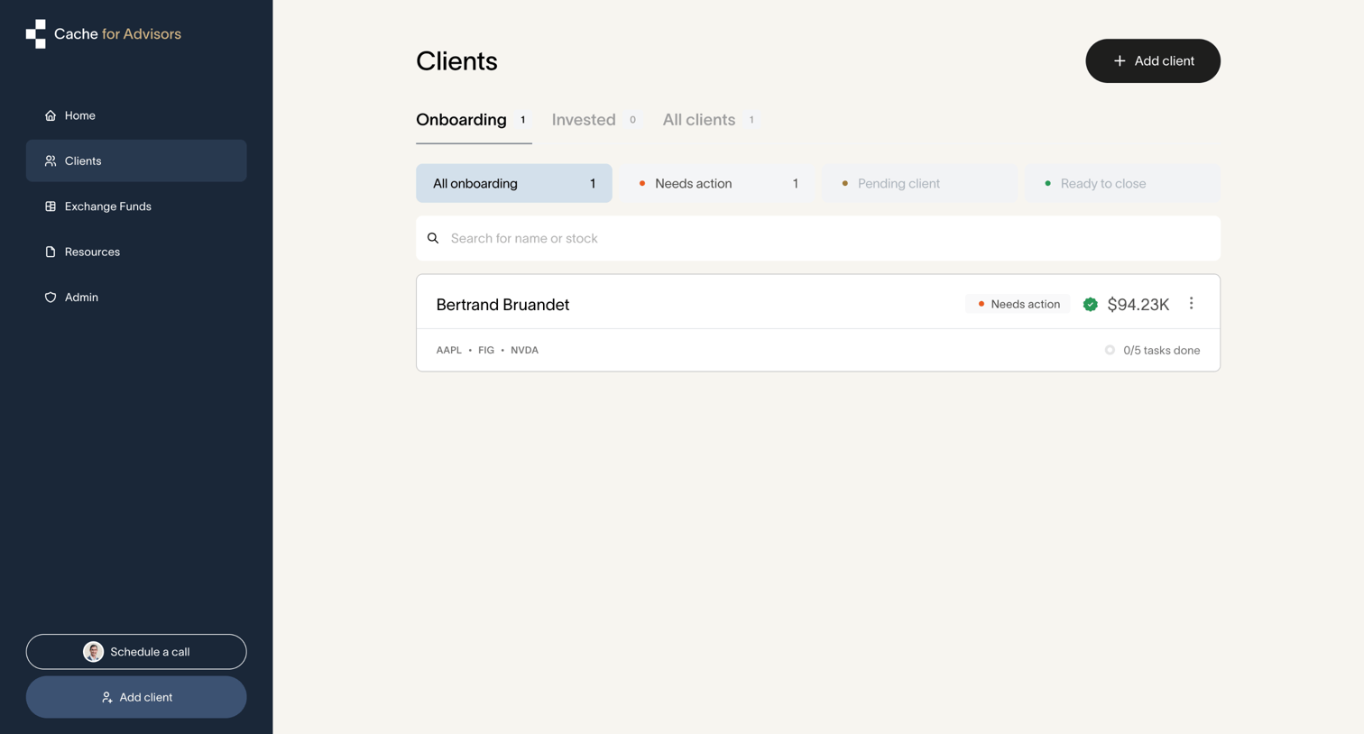 Cache - Cache – Client dashboard | Cache for Advisors screen
