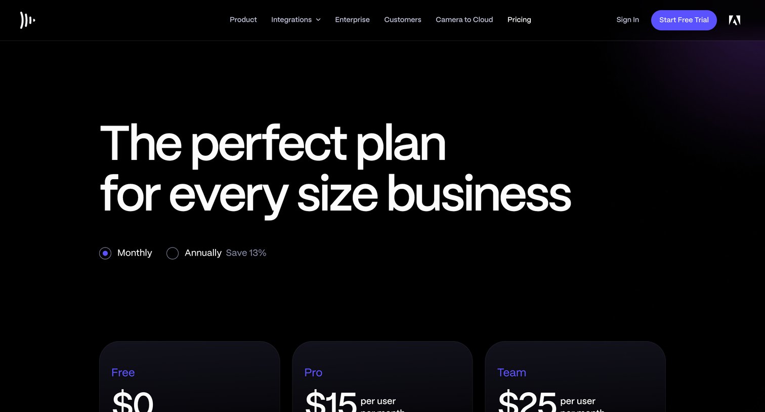 Frame.io - Frame.io | Pricing screen