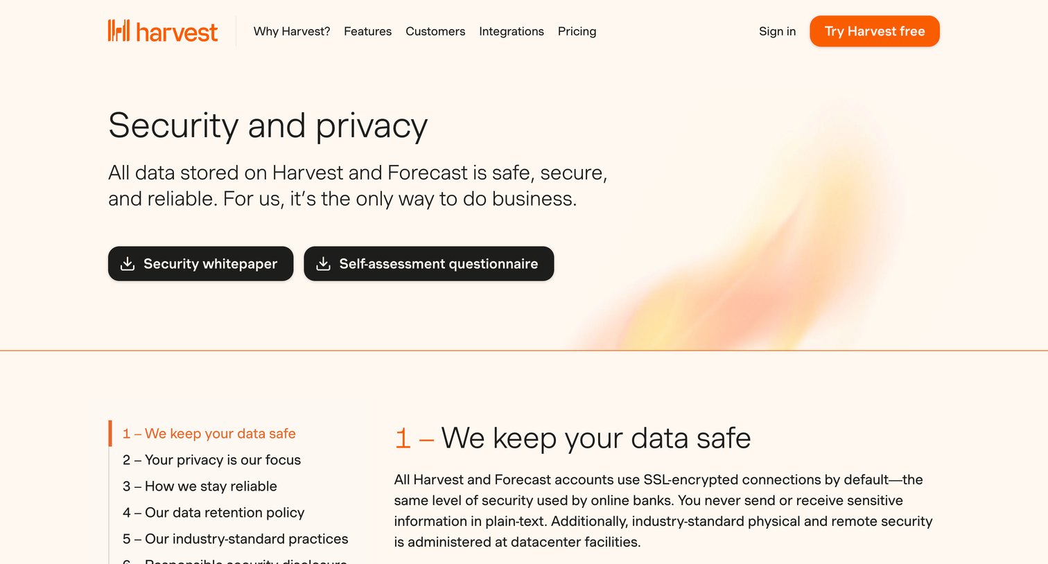Harvest - Security and Privacy - Harvest screen