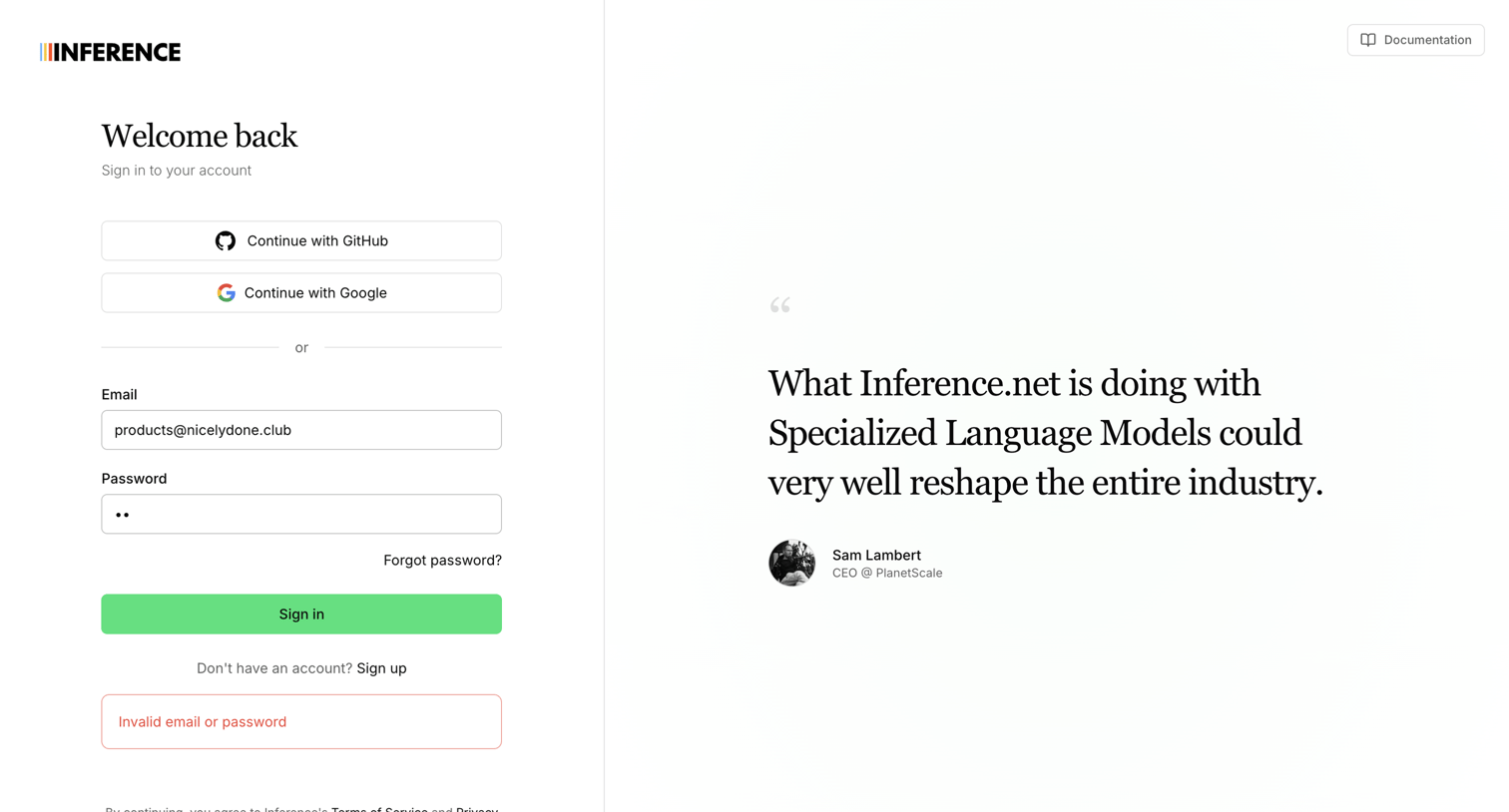 Inference - Sign In | Inference.net screen